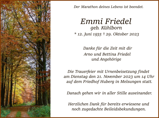 Traueranzeige von Emmi Friedel von HNA