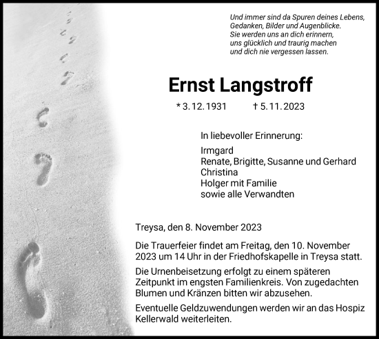 Traueranzeige von Ernst Langstroff von HNA