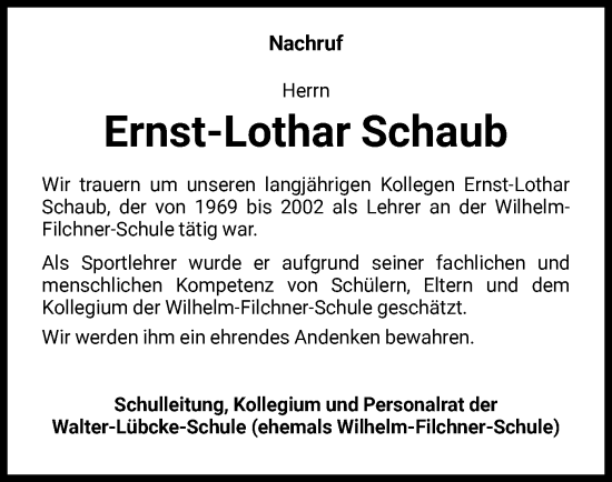 Traueranzeige von Ernst-Lothar Schaub von HNA