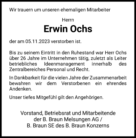 Traueranzeige von Erwin Ochs von HNAHNA