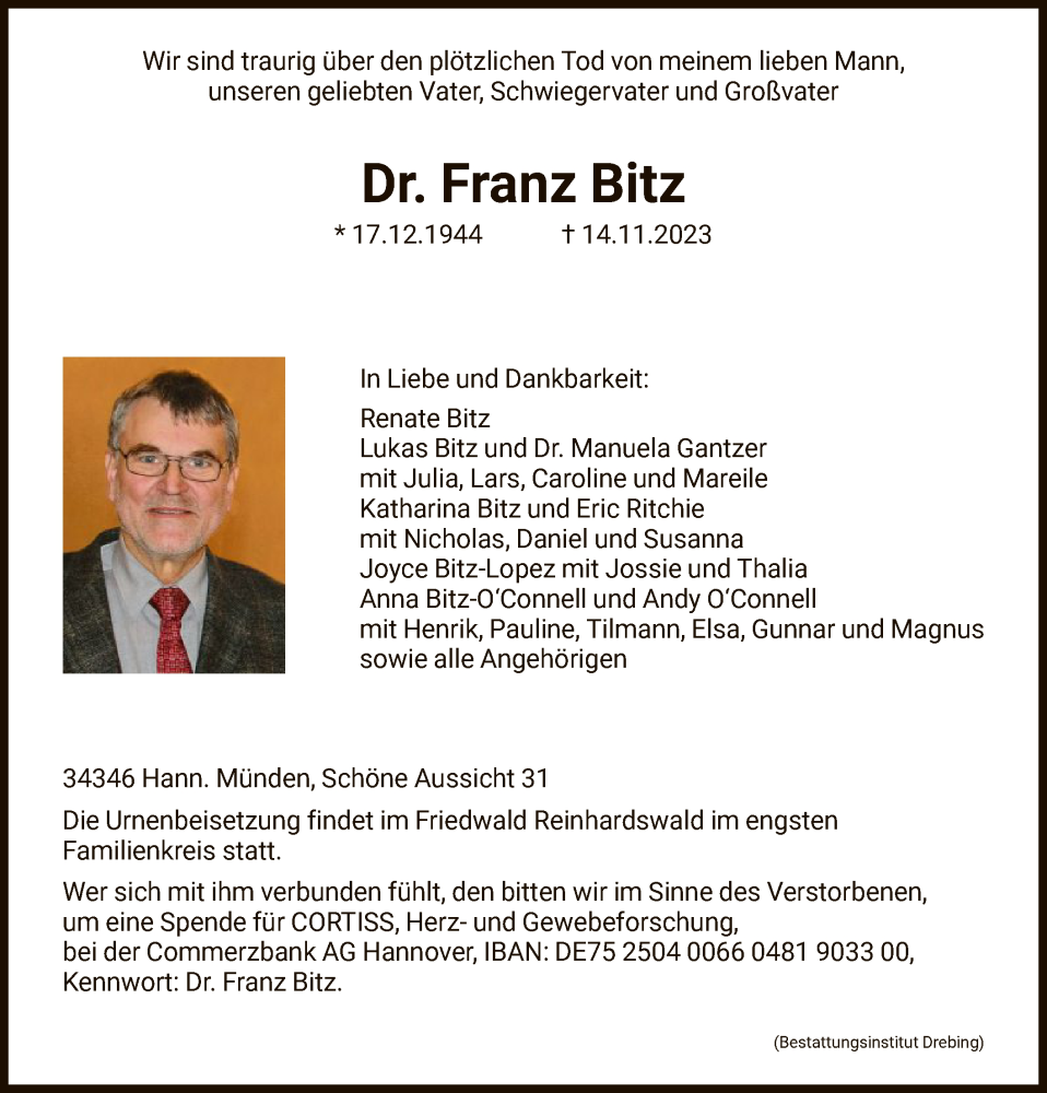  Traueranzeige für Franz Bitz vom 25.11.2023 aus HNA