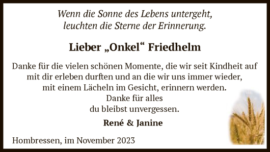 Traueranzeige von Friedhelm Carrier von HNA