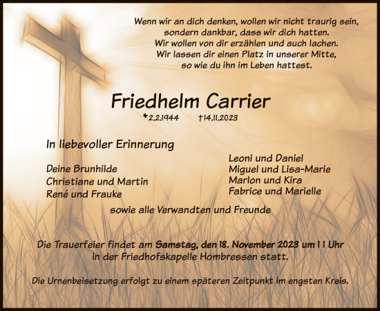 Traueranzeige von Friedhelm Carrier von HNA