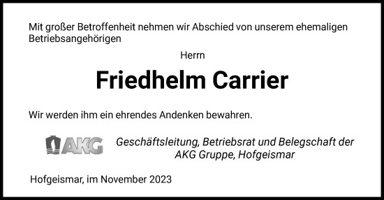 Traueranzeige von Friedhelm Carrier von HNA