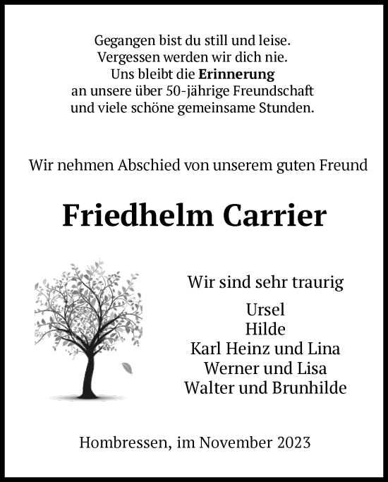Traueranzeige von Friedhelm Carrier von HNA