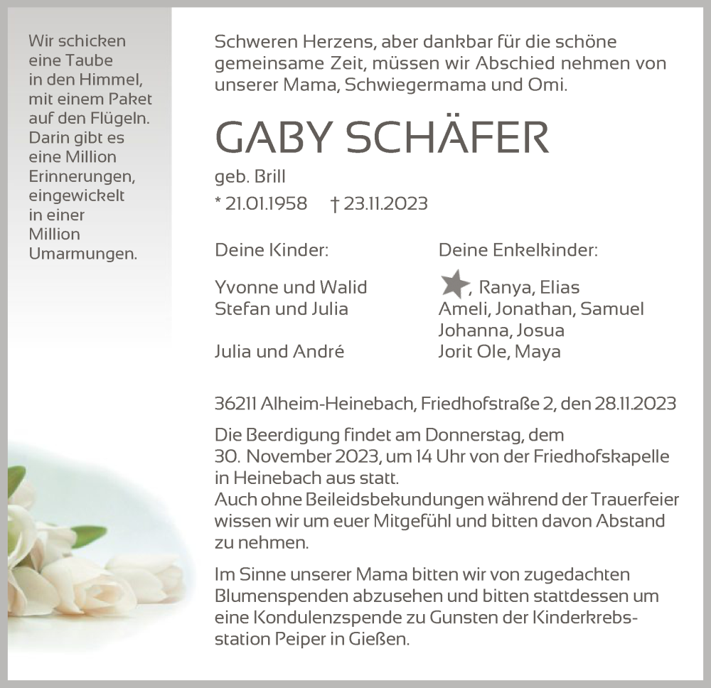  Traueranzeige für Gaby Schäfer vom 28.11.2023 aus HNA