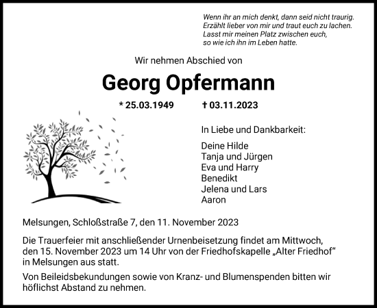 Traueranzeige von Georg Opfermann von HNA