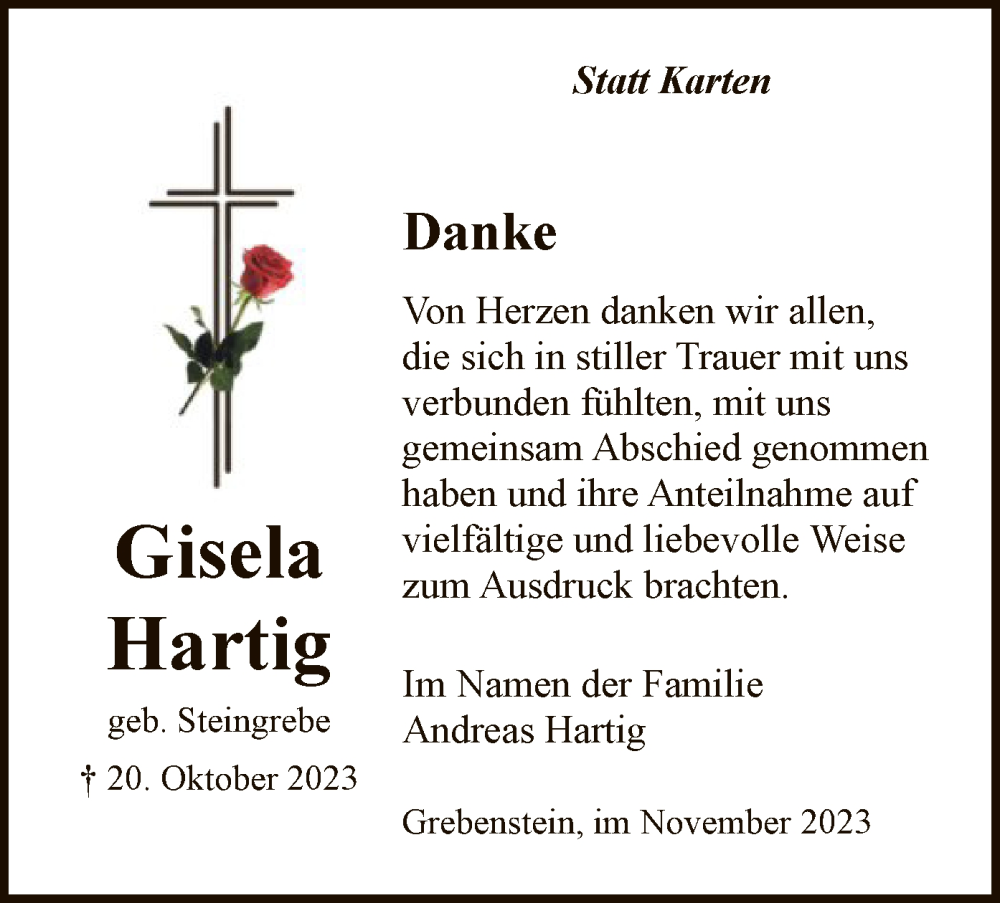  Traueranzeige für Gisela Hartig vom 11.11.2023 aus HNA