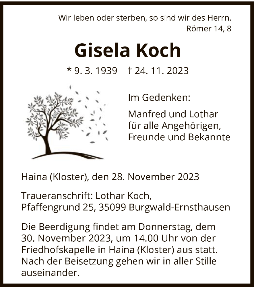  Traueranzeige für Gisela Koch vom 28.11.2023 aus HNA