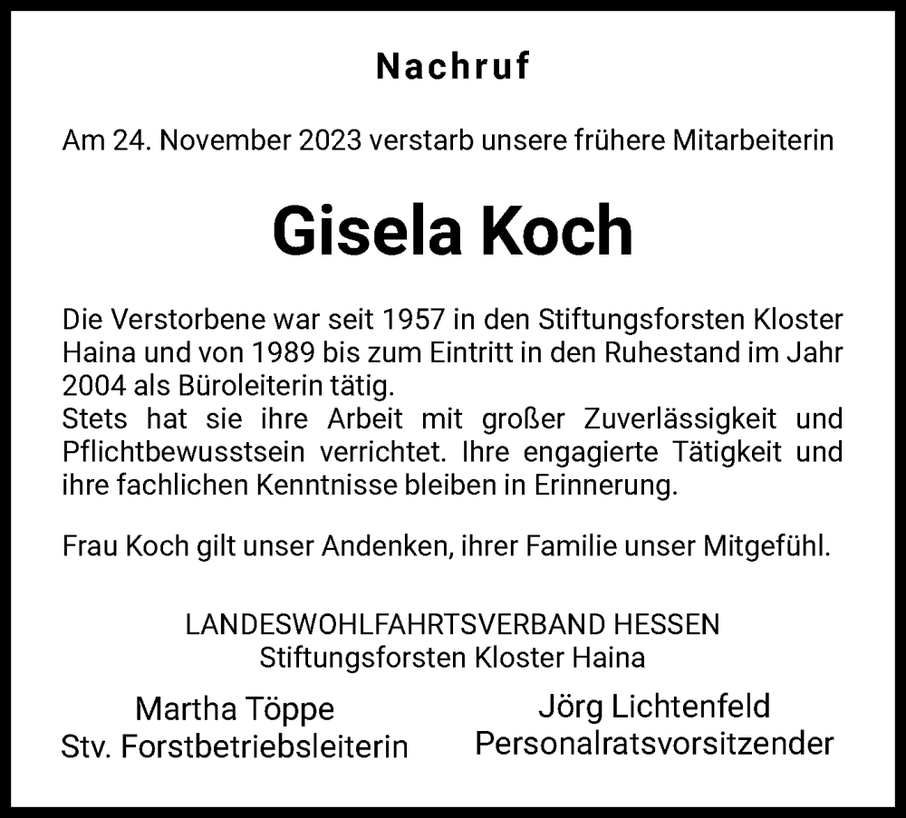  Traueranzeige für Gisela Koch vom 30.11.2023 aus HNA