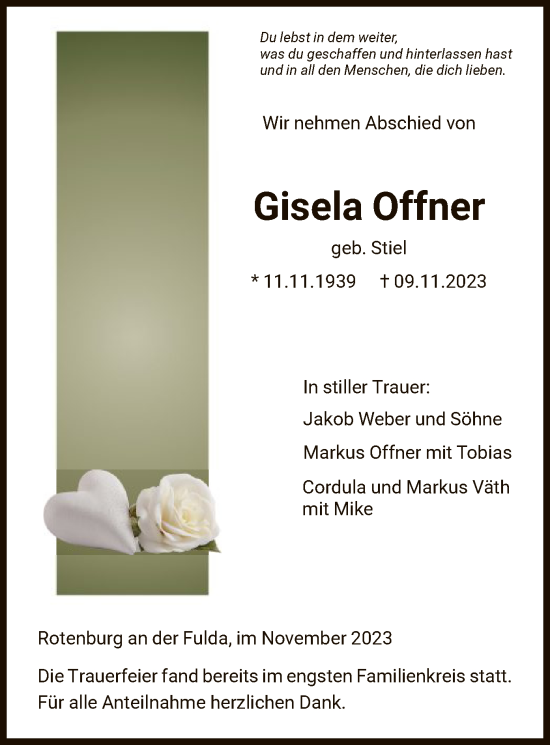 Traueranzeige von Gisela Offner von HNA