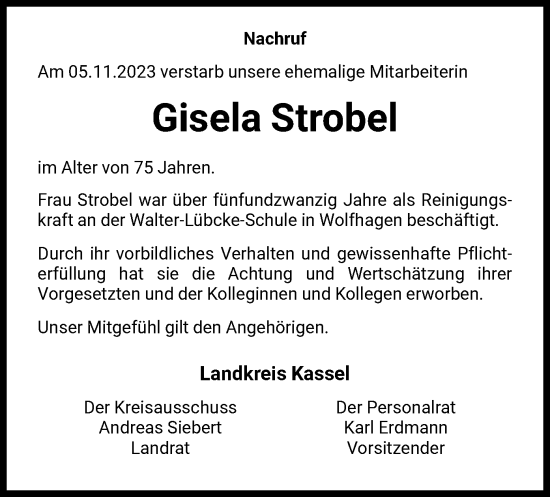 Traueranzeige von Gisela Strobel von HNA