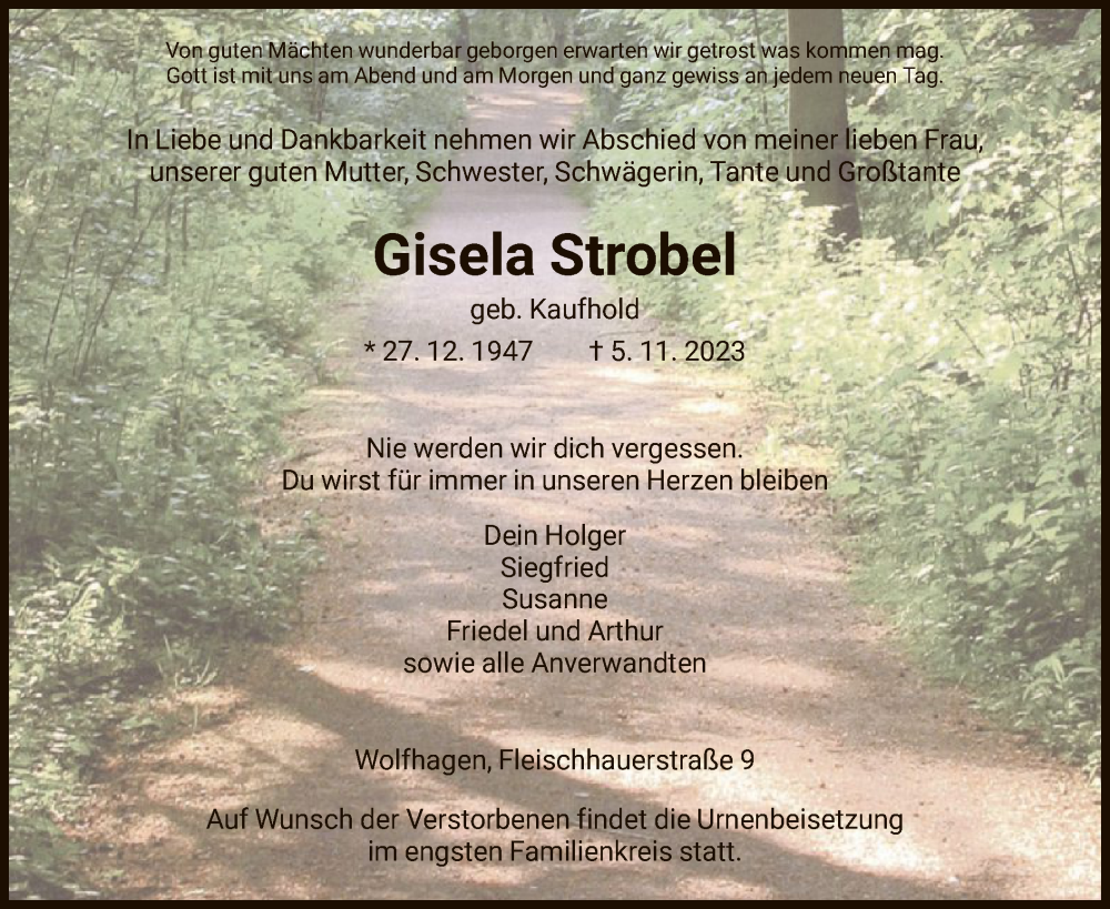  Traueranzeige für Gisela Strobel vom 11.11.2023 aus HNA
