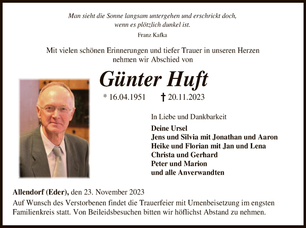  Traueranzeige für Günter Huft vom 23.11.2023 aus HNA