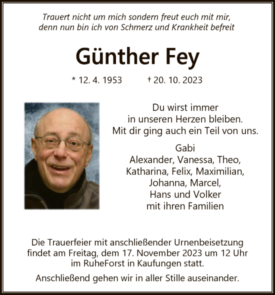 Traueranzeige von Günther Fey von HNA