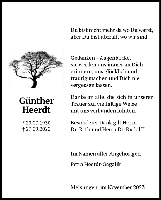 Traueranzeige von Günther Heerdt von HNA