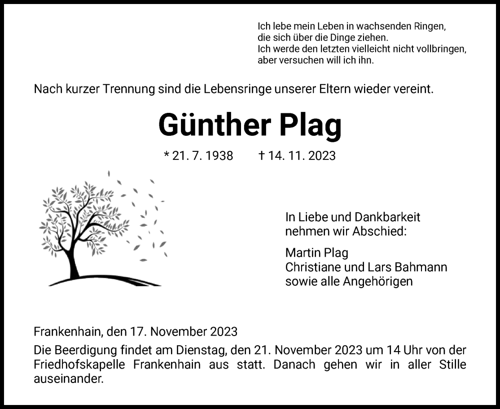  Traueranzeige für Günther Plag vom 17.11.2023 aus HNA