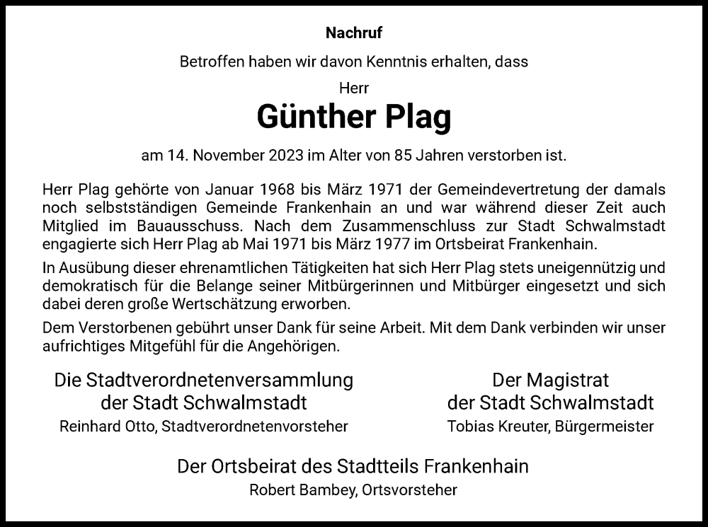  Traueranzeige für Günther Plag vom 21.11.2023 aus HNA
