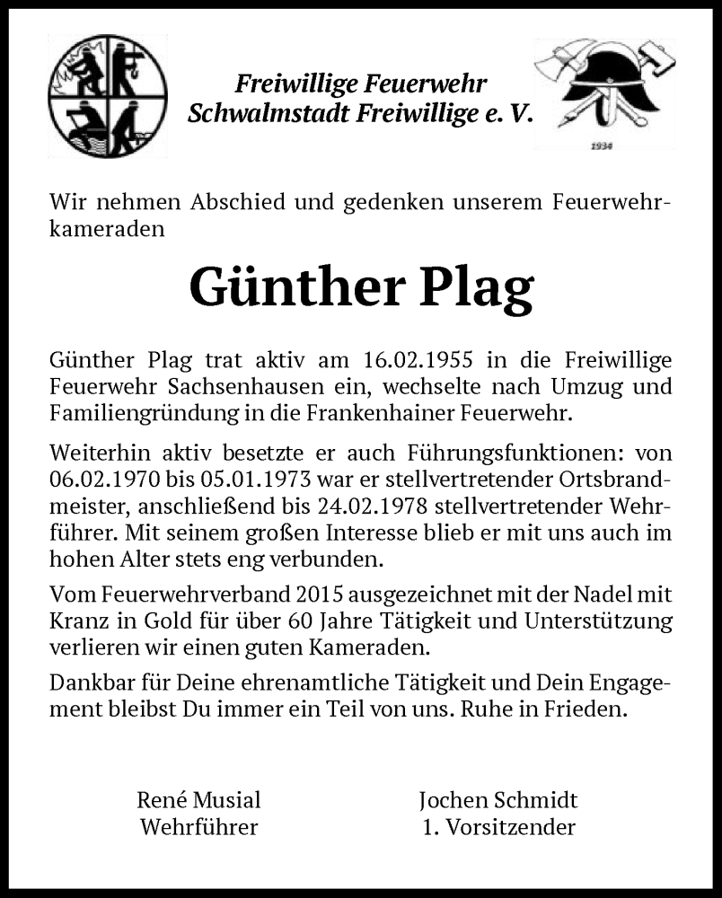  Traueranzeige für Günther Plag vom 21.11.2023 aus HNA
