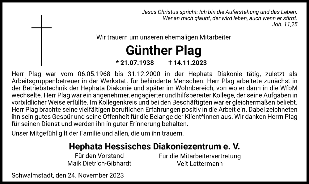  Traueranzeige für Günther Plag vom 24.11.2023 aus HNA
