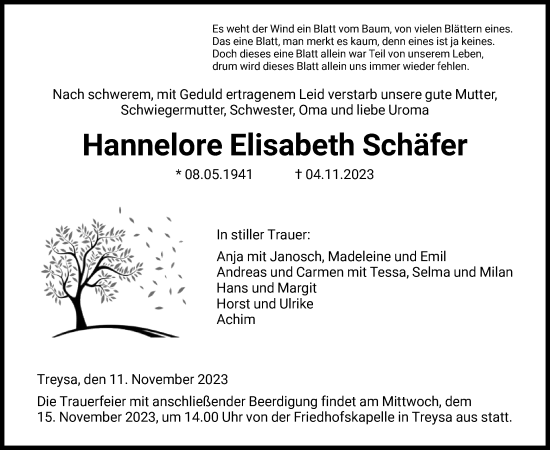 Traueranzeige von Hannelore Elisabeth von HNA