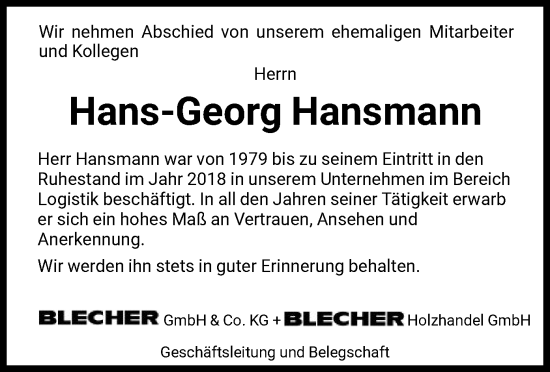 Traueranzeige von Hans-Georg Hansmann von HNA