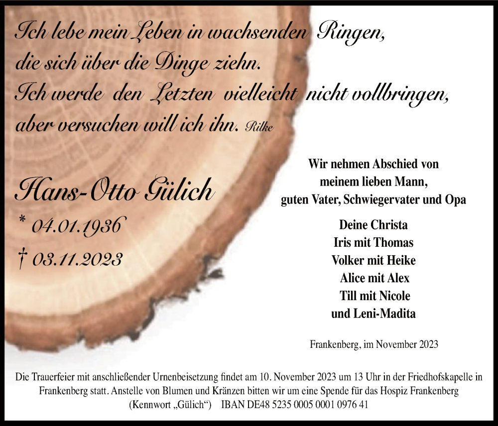  Traueranzeige für Hans-Otto Gülich vom 07.11.2023 aus HNAWLZ