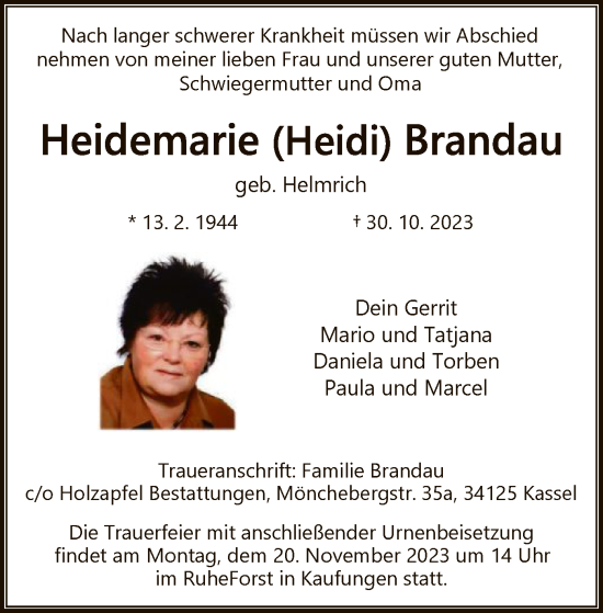 Traueranzeige von Heidemarie Brandau von HNA