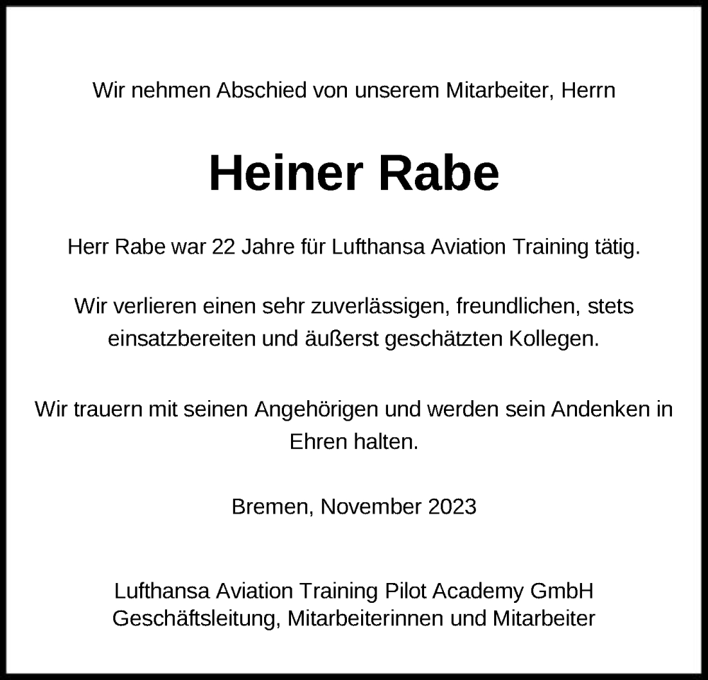  Traueranzeige für Heiner Rabe vom 25.11.2023 aus HNA