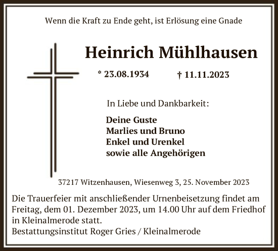 Traueranzeigen von Heinrich Mühlhausen | Trauer.HNA.de