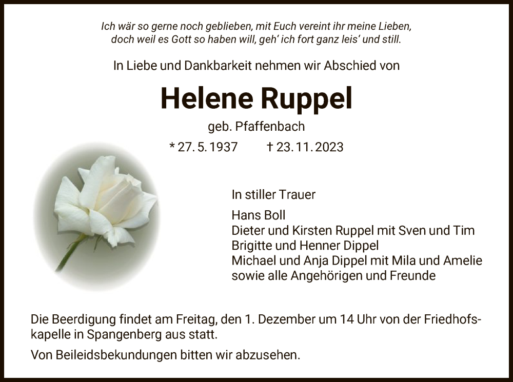  Traueranzeige für Helene Ruppel vom 28.11.2023 aus HNA