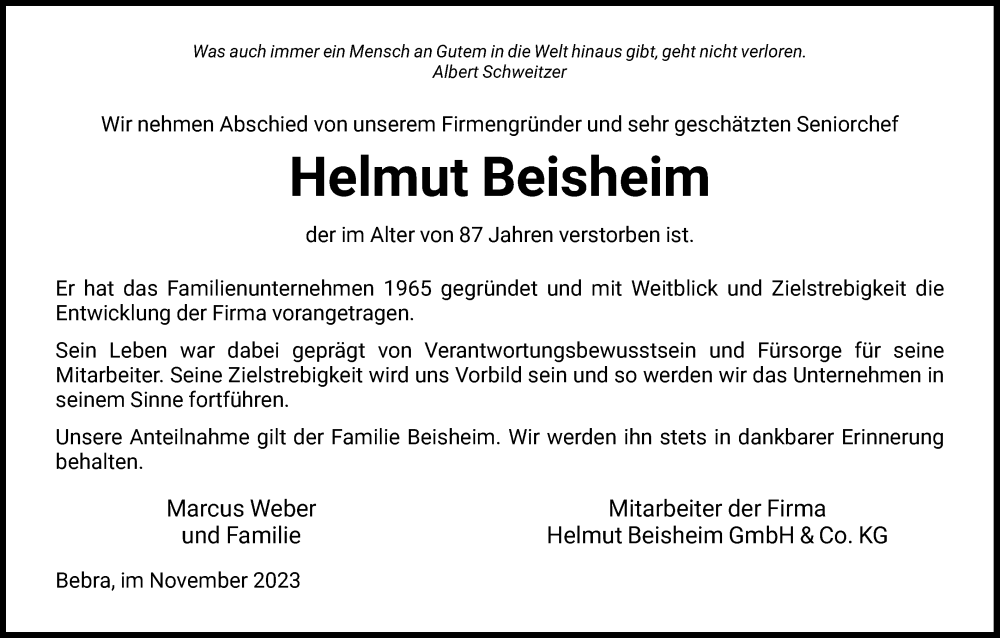  Traueranzeige für Helmut Beisheim vom 18.11.2023 aus HNAHZ