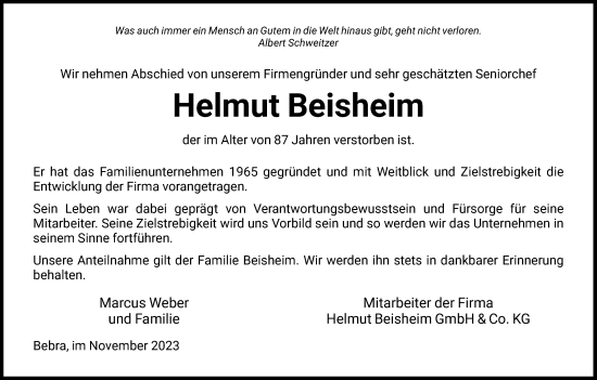 Traueranzeige von Helmut Beisheim von HNAHZ