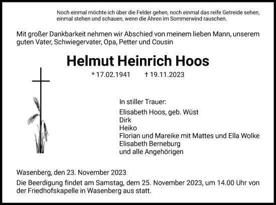 Traueranzeige von Helmut Heinrich Hoos von HNA