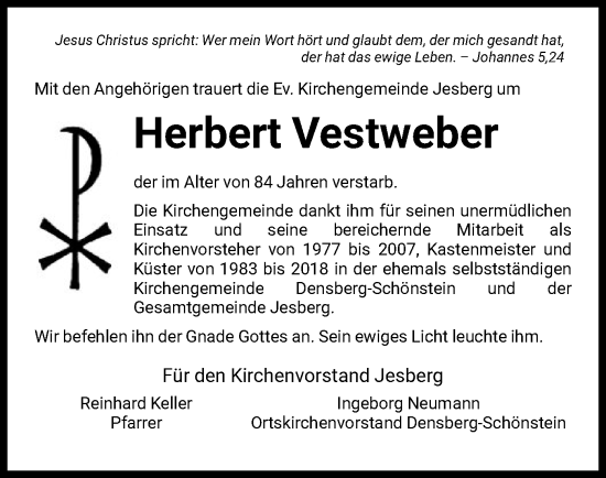 Traueranzeige von Herbert Vestweber von HNA