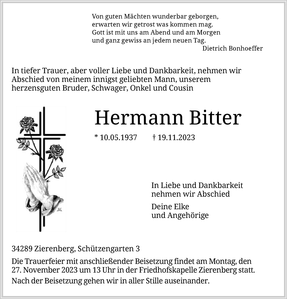  Traueranzeige für Hermann Bitter vom 24.11.2023 aus HNA