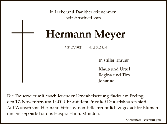 Traueranzeige von Hermann Meyer von HNA