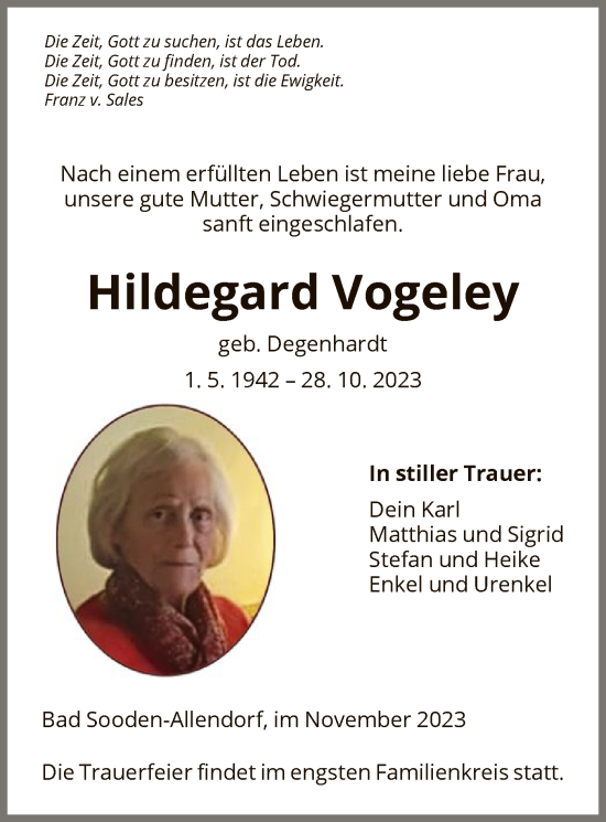 Traueranzeige von Hildegard Vogeley von HNA