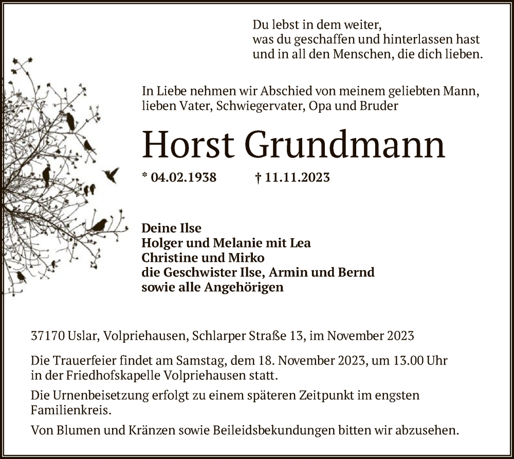  Traueranzeige für Horst Grundmann vom 15.11.2023 aus HNA