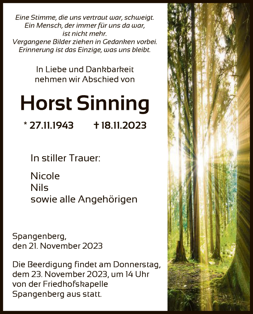  Traueranzeige für Horst Sinning vom 21.11.2023 aus HNA