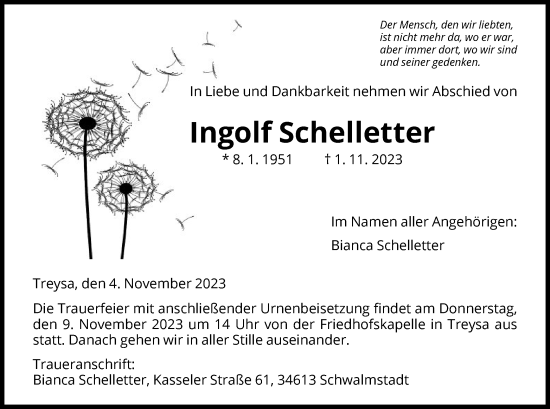 Traueranzeige von Ingolf Schelletter von HNA