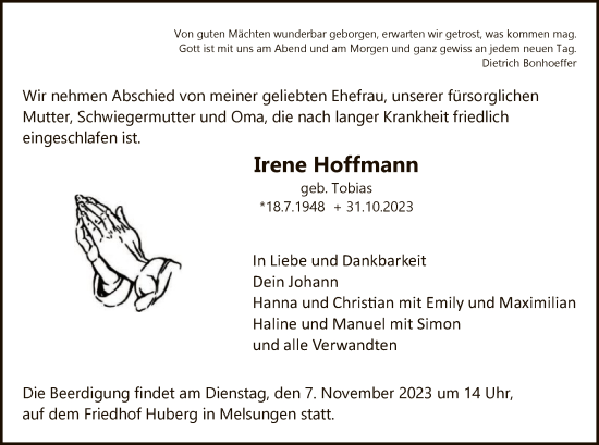 Traueranzeige von Irene Hoffmann von HNA