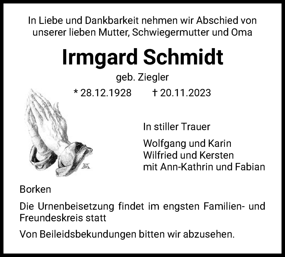 Traueranzeige für Irmgard Schmidt vom 23.11.2023 aus HNA