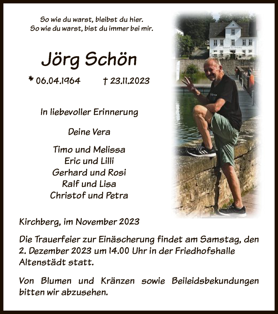  Traueranzeige für Jörg Schön vom 30.11.2023 aus HNA