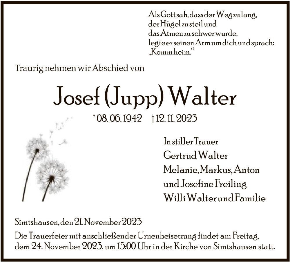  Traueranzeige für Josef Walter vom 21.11.2023 aus HNA
