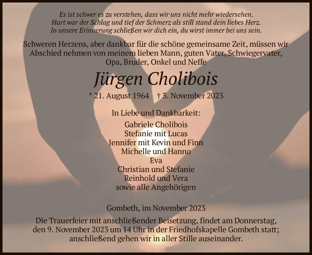  Traueranzeige für Jürgen Cholibois vom 07.11.2023 aus HNA