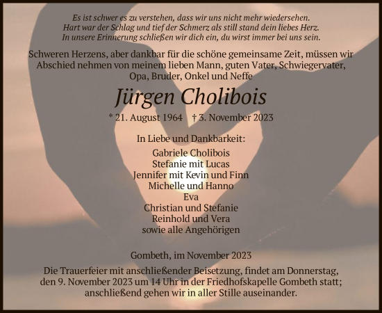 Traueranzeige von Jürgen Cholibois von HNA