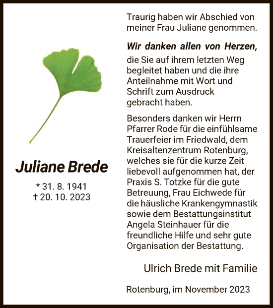Traueranzeige von Juliane Brede von HNA