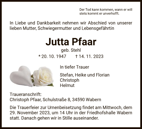 Traueranzeige von Jutta Pfaar von HNA