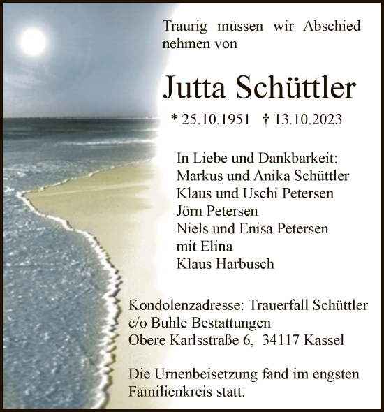 Traueranzeige von Jutta Schüttler von HNA